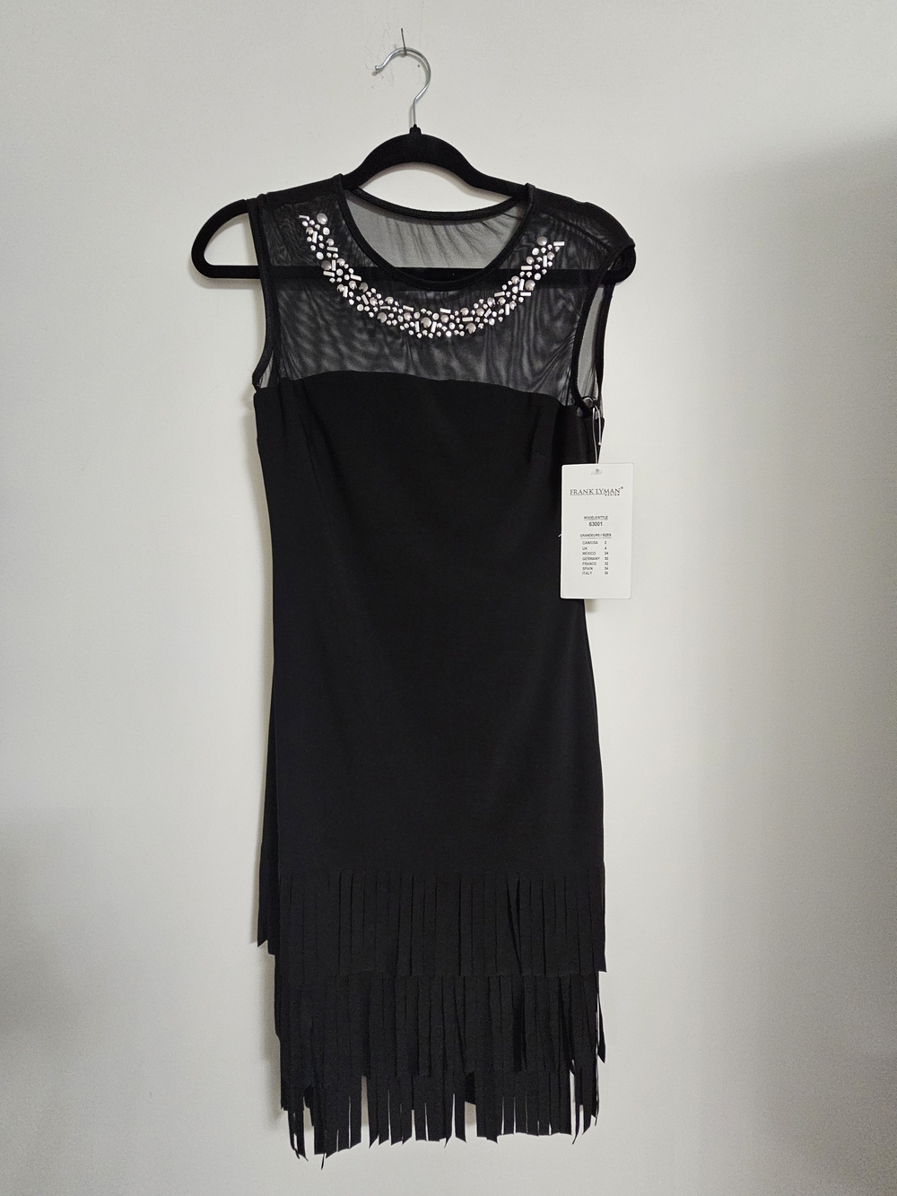 Frank Lyman Design Black Mesh Fringe Dress with Crystal Neckline